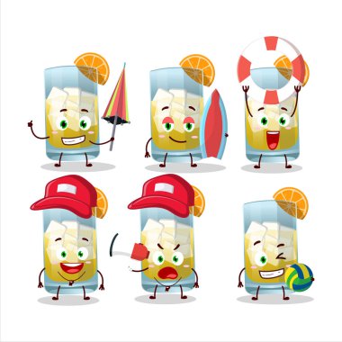 Happy Face singani çizgi film karakteri sahilde oynuyor. Vektör illüstrasyonu