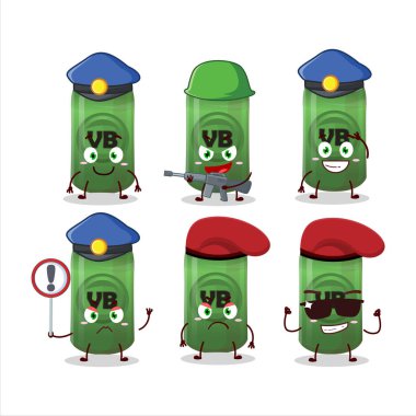 Bira kutuları maskotu tasarımında kendini işine adamış bir polis memuru. Vektör illüstrasyonu