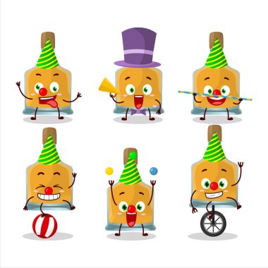 Çeşitli sirk gösterileri olan votka şişesinin çizgi film karakteri. Vektör illüstrasyonu