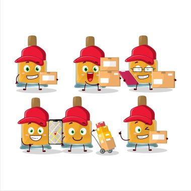 Kurye olarak çalışan votka şişesinin çizgi film karakteri tasarımı. Vektör illüstrasyonu