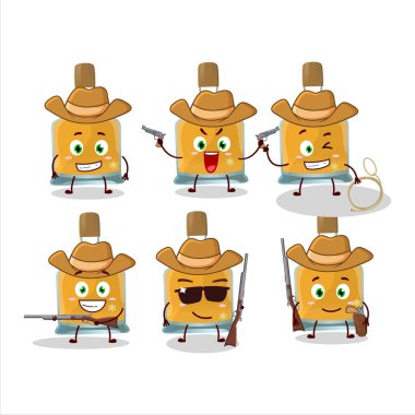 Güzel şapkalı havalı kovboy votka şişesi çizgi film karakteri. Vektör illüstrasyonu