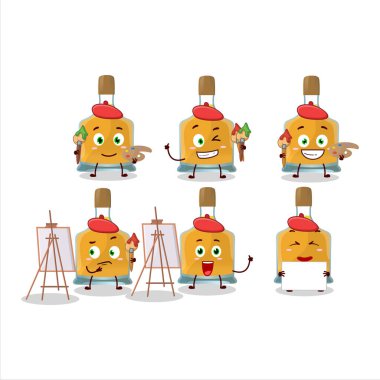 Votka şişesi karikatür karakterinin fırçalı sanatçısı. Vektör illüstrasyonu