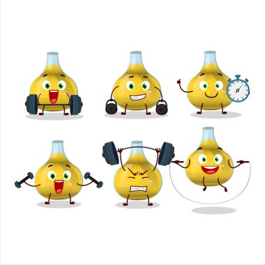 Sağlıklı bir çizgi film stili Fitness Merkezi 'nde bazı aletler deniyor. Vektör illüstrasyonu