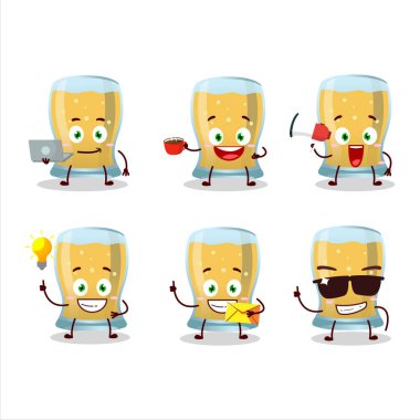 Çeşitli iş simgeleriyle bir bardak elma şarabı çizgi film karakteri. Vektör illüstrasyonu