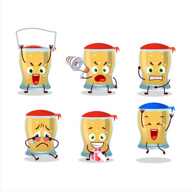 Çekici bir destekçi olarak cam elma şarabı karakterinin maskot tasarımı. Vektör illüstrasyonu