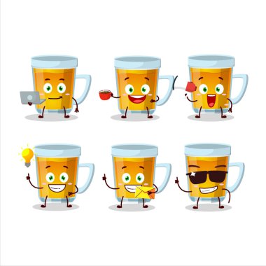 Bir bardak çay karikatürü karakteri ve çeşitli iş simgeleri. Vektör illüstrasyonu