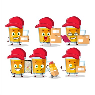 Kurye olarak çalışan bir bardak çayın çizgi film karakteri tasarımı. Vektör illüstrasyonu