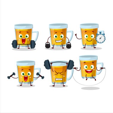 Sağlıklı bir bardak çay karikatürü. Spor salonunda bazı aletler deniyorum. Vektör illüstrasyonu