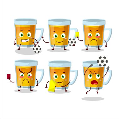 Futbol hakemi olarak çalışan bir bardak çay çizgi film karakteri. Vektör illüstrasyonu