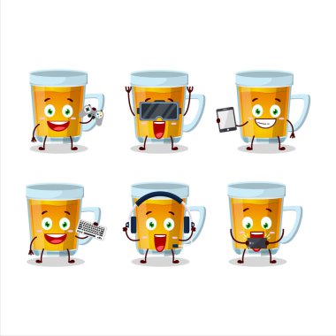 Bir bardak çay çizgi film karakteri çeşitli şirin ifadelerle oyunlar oynuyor. Vektör illüstrasyonu