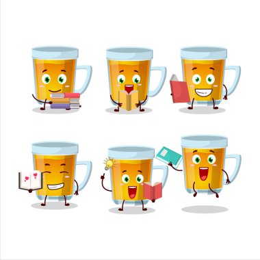 Bir bardak çay karikatürü karakteri konsepti komik bir kitap okuyor. Vektör illüstrasyonu