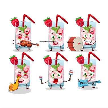 Bazı müzik enstrümanları çalan çilekli mojito çizgi film karakteri. Vektör illüstrasyonu