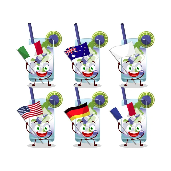 Blueberry Mojito Personagem Cartoon Trazer Bandeiras Vários Países Ilustração Vetorial — Vetor de Stock