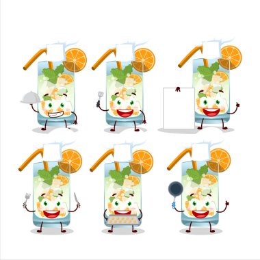 Çeşitli şef simgeleriyle portakallı mojito çizgi film karakteri. Vektör illüstrasyonu