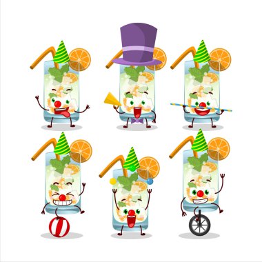 Çeşitli sirk gösterileri olan portakal renkli mojito çizgi film karakteri. Vektör illüstrasyonu