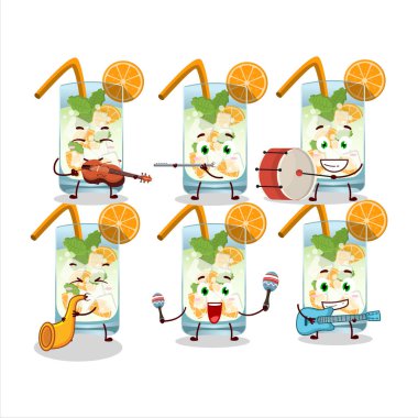Portakallı mojito 'nun çizgi film karakteri müzik enstrümanları çalıyor. Vektör illüstrasyonu