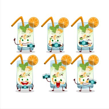 Portakallı mojito çizgi film karakteri ile fotoğrafçılık mesleği simgesi. Vektör illüstrasyonu