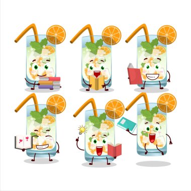 Komik bir kitap okuyan portakallı mojito çizgi film karakteri konsepti. Vektör illüstrasyonu
