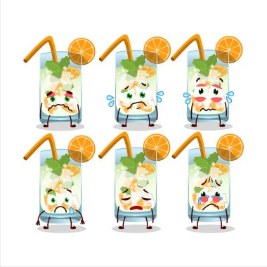 Hüzünlü bir ifadeyle portakal renkli mojito çizgi film karakteri. Vektör illüstrasyonu