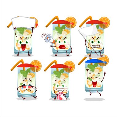 Çekici bir destekçi olarak turuncu mojito karakterinin maskot tasarımı. Vektör illüstrasyonu