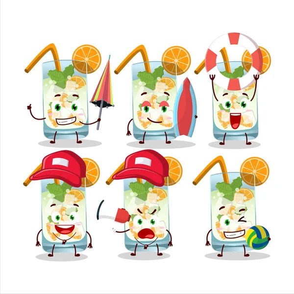 Happy Face portakallı mojito çizgi film karakteri sahilde oynuyor. Vektör illüstrasyonu