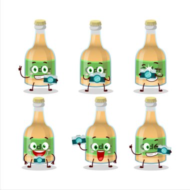 Elma şarabı çizgi film karakteri ile fotoğrafçılık mesleği simgesi. Vektör illüstrasyonu