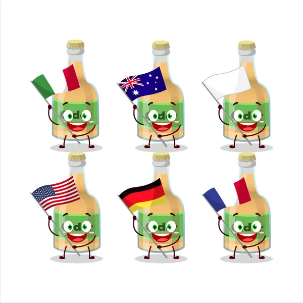 Bouteille Cidre Personnage Dessin Animé Apporter Les Drapeaux Divers Pays — Image vectorielle