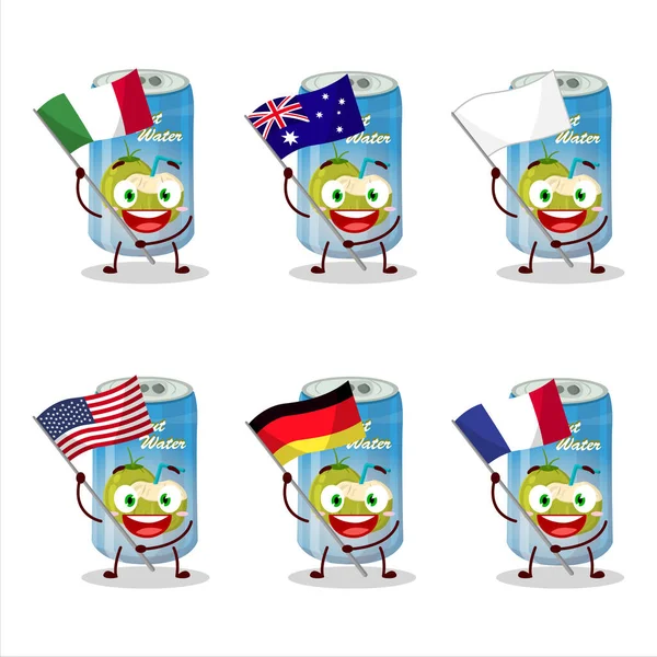 Coconut Water Can Cartoon Character Bring Flags Various Countries Vector — Stock Vector