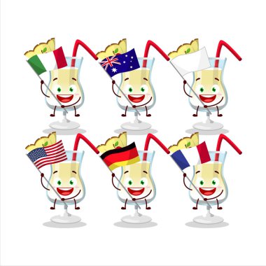 Pina colada çizgi film karakteri çeşitli ülkelerin bayraklarını getiriyor. Vektör illüstrasyonu