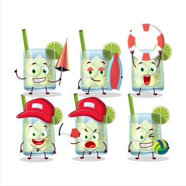 Happy Face çizgi film karakteri sahilde oynuyor. Vektör illüstrasyonu