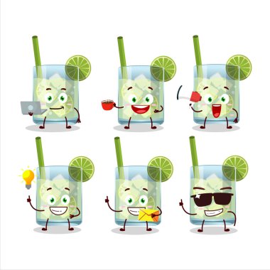 Çeşitli iş simgelerine sahip Guaro çizgi film karakteri. Vektör illüstrasyonu