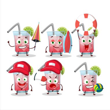 Happy Face Hawai deniz meltemi çizgi film karakteri sahilde oynuyor. Vektör illüstrasyonu