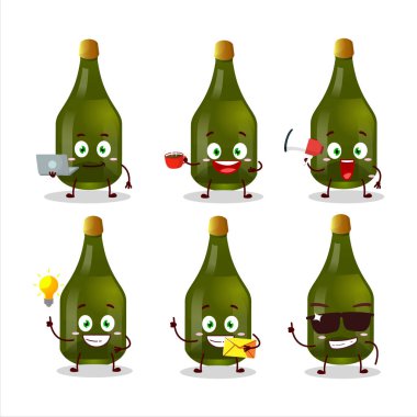 Çeşitli iş simgeleriyle şampanya karikatürü karakteri. Vektör illüstrasyonu