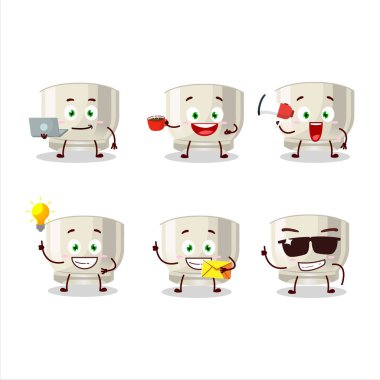 Çeşitli iş simgelerine sahip bir bardak sake çizgi film karakteri. Vektör illüstrasyonu