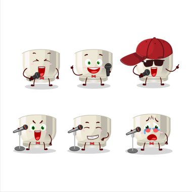 Sevimli bir çizgi film tasarım konsepti. Ünlü bir şarkı söyleyen bir bardak sake. Vektör illüstrasyonu