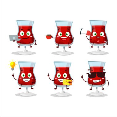 Çeşitli iş simgelerine sahip kırmızı şarap çizgi film karakteri. Vektör illüstrasyonu