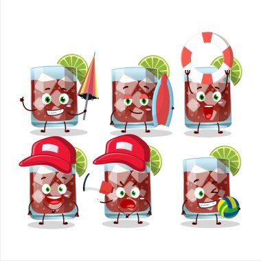 Happy Face Sazerac çizgi film karakteri sahilde oynuyor. Vektör illüstrasyonu