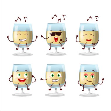 Müzikten hoşlanan beyaz şarap dansçısı çizgi film karakteri görüntüsü. Vektör illüstrasyonu