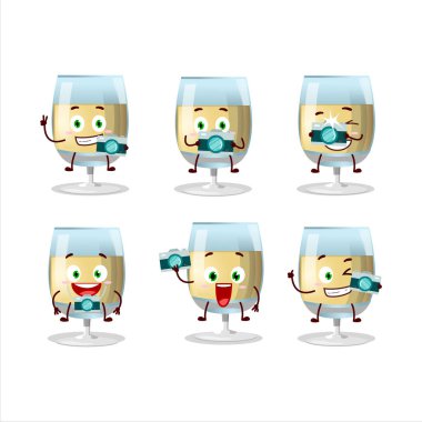 Beyaz şarap karikatürü karakteri ile fotoğrafçılık mesleği simgesi. Vektör illüstrasyonu