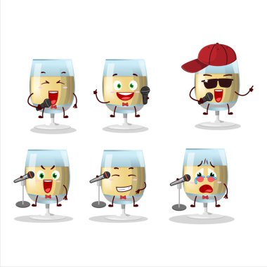 Beyaz şarabın ünlü bir şarkı söylediği şirin bir çizgi film tasarımı. Vektör illüstrasyonu