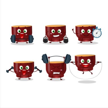 Spor salonunda bazı aletler deneyen sağlıklı bir kava içkisi çizgi film stili. Vektör illüstrasyonu