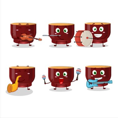 Kava içkisinin çizgi film karakteri müzik enstrümanları çalıyor. Vektör illüstrasyonu