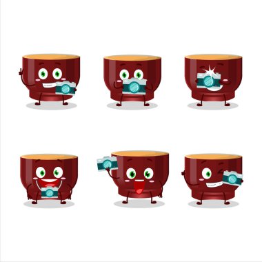 Kava içkili karikatür karakterli fotoğrafçı mesleği simgesi. Vektör illüstrasyonu