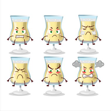 Bir bardak şampanya karikatürü karakteri ve değişik kızgın ifadeler. Vektör illüstrasyonu