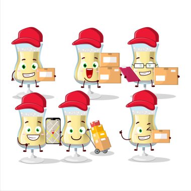 Bir kurye olarak çalışan şampanya kadehinin çizgi film karakteri tasarımı. Vektör illüstrasyonu