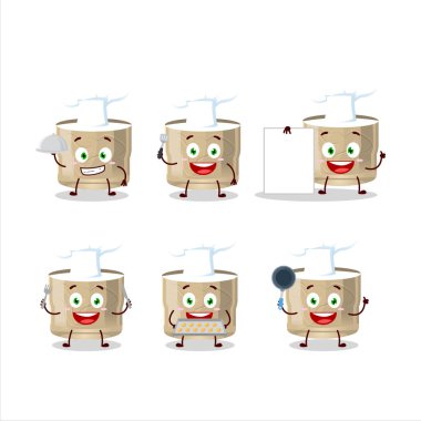 Koumiss içkisinin çizgi film karakteri ve çeşitli şef ifadeleri. Vektör illüstrasyonu