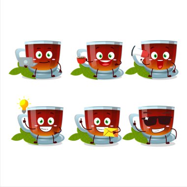 Çeşitli iş simgeleriyle naneli çay çizgi film karakteri. Vektör illüstrasyonu