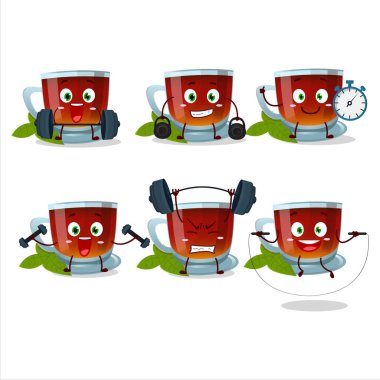 Sağlıklı bir nane çayı karikatür tarzı spor salonunda bazı aletler deniyor. Vektör illüstrasyonu