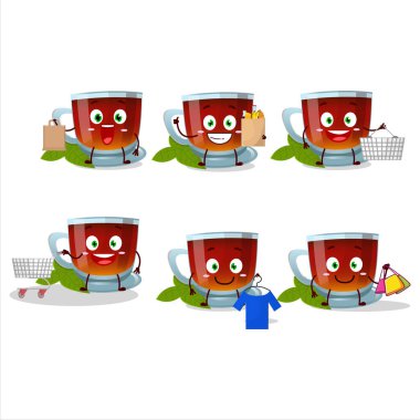 Zengin bir nane çayı maskotu tasarımı alışverişe gidiyor. Vektör illüstrasyonu