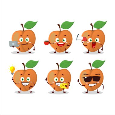 Çeşitli iş simgeleri olan şeftali rengi çizgi film karakteri. Vektör illüstrasyonu